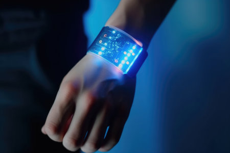 Futuristic smart device with glowing hologram display on human hand. Virtual reality technology in real life. Created with Generative AIの素材