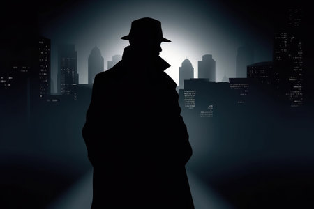 Silhouette of a man in a hat and coat on a night street. Gangster, mafia or old fashioned detective on mission. Noir style. Created with Generative AIの素材