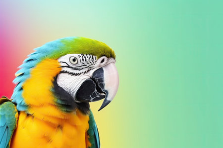 Parrot on bright background. Wallpaper with tropical bird. Exotic fauna banner with macaw parrot, copy space. Created with Generative AIの素材