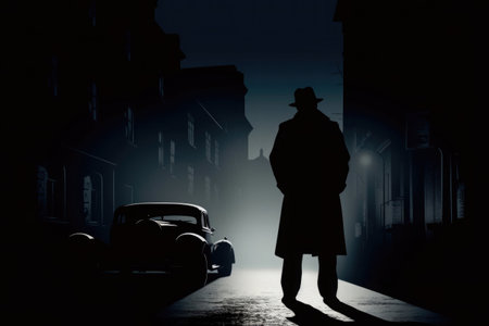 Silhouette of a man in a hat and coat on a night street. Gangster, mafia or old fashioned detective on mission. Noir style. Created with Generative AIの素材