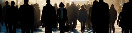 Silhouettes of group of people at sunlight. Crowd of people walking at city street. Unrecognizable people on the road. City life. Created with Generative AIの素材