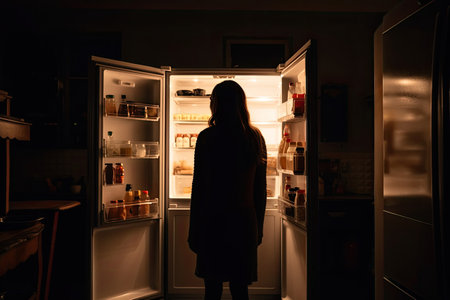 Hungry woman looking for food in fridge at night. Rear view of female standing in front of open refrigerator. Created with Generative AIの素材