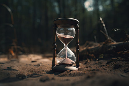 Hourglass on dark background. Sand particles flowing through glass bulbs of sandglass. Time is running out. Created with Generative AIの素材