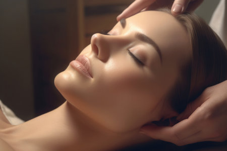 Face massage for beautiful woman. Facial beauty treatment. Cosmetic procedures. Attractive young girl relaxing in spa salon. Created with Generative AIの素材