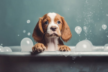 Cute dog showering in bath with shampoo foam. Washing pet. Created with Generative AIの素材