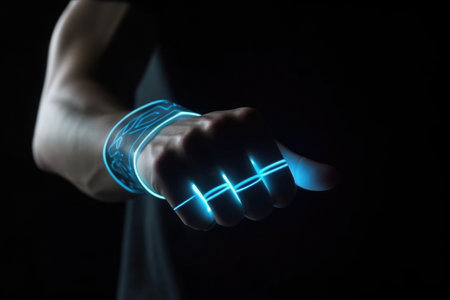Futuristic smart device with glowing hologram display on human hand. Virtual reality technology in real life. Created with Generative AIの素材