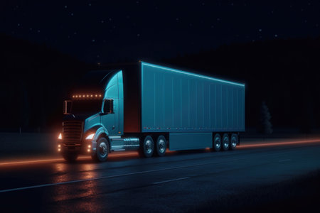 Futuristic cargo truck on highway at night. Glowing truck with trailer. Shipment and logistick concept. Created with Generative AIの素材