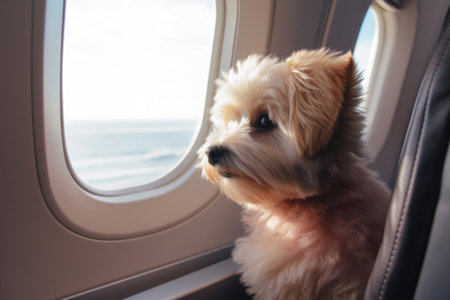 Travelling with pet. Dog on plane board near window. Airline pet transportation service. Created with Generative AIの素材