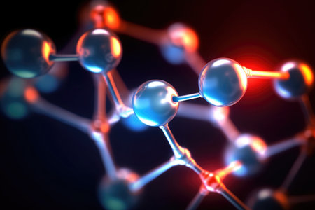 Molecular structure with connections between atoms on abstract background, macro shot. Scientific research in molecular chemistry. Created with Generative AIの素材