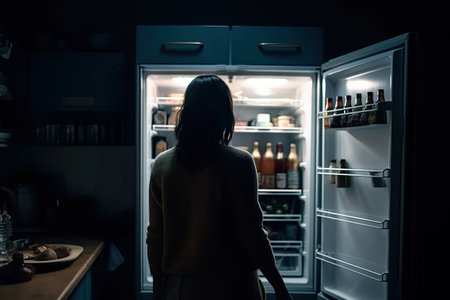 Hungry woman looking for food in fridge at night. Rear view of female standing in front of open refrigerator. Created with Generative AIの素材