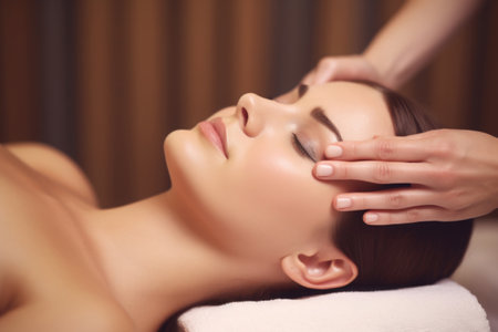 Face massage for beautiful woman. Facial beauty treatment. Cosmetic procedures. Attractive young girl relaxing in spa salon. Created with Generative AIの素材