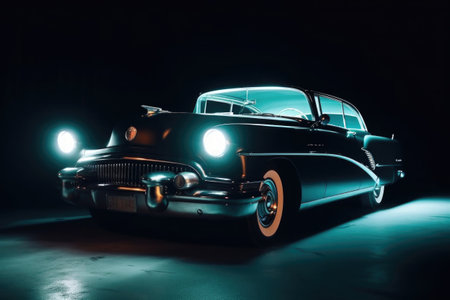 Classic retro car at night with glowing headlamps. American vintage vehicle with colorful illumination on dark background. Created with Generative AIの素材