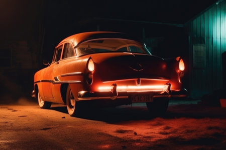 Classic retro car at night with glowing headlamps. American vintage vehicle with colorful illumination on dark background. Created with Generative AIの素材
