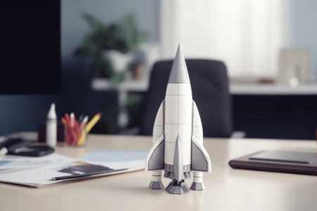 Creative idea for business development. Successful startup concept. Rocket launching at office workplace. Created with Generative AIの素材