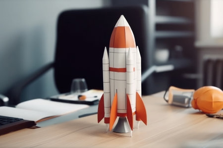 Creative idea for business development. Successful startup concept. Rocket launching at office workplace. Created with Generative AIの素材