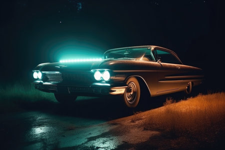 Classic retro car at night with glowing headlamps. American vintage vehicle with colorful illumination on dark background. Created with Generative AIの素材