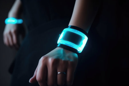 Futuristic smart device with glowing hologram display on human hand. Virtual reality technology in real life. Created with Generative AIの素材