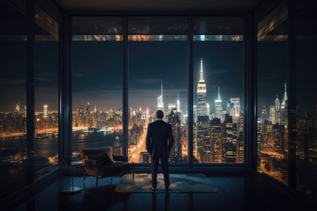 Successful businessman looking out from window on night city. Man in office at night. Created with Generative AIの素材