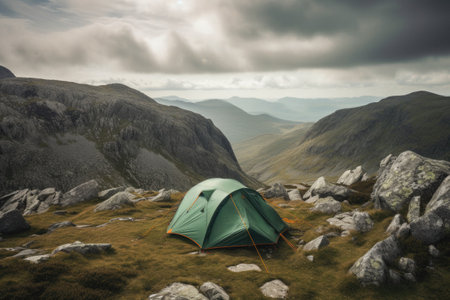 Camping tent with amazing view on mountain landscape at sunset. Hiking and nature travel concept. Outdoor activities in summer. Created with Generative AIの素材