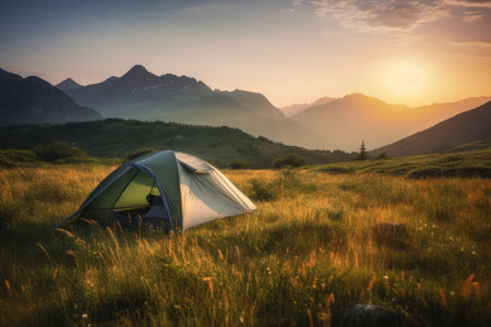 Camping tent with amazing view on mountain landscape at sunset. Hiking and nature travel concept. Outdoor activities in summer. Created with Generative AIの素材