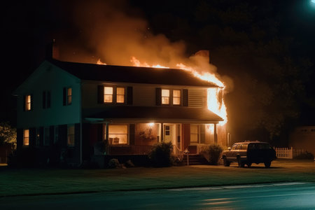 House in fire at night. Burning residential building in suburban area. Created with Generative AIの素材