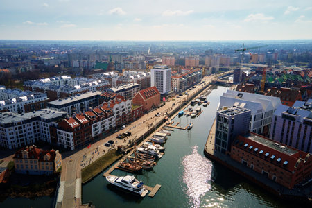 Gdansk city in Poland with view on Motlaca river. Historical center in old town in european city,...