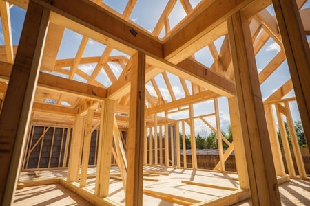 New house under construction. Wooden frame with truss, post and beams. Manufacture of houses made of wood. Created with Generative AIの素材