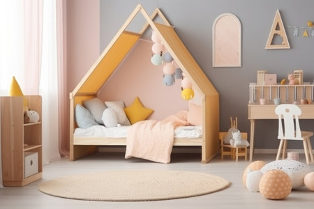 Child room in scandinavian style with natural colors and wooden furniture. Interior of cozy kids bedroom. Created with Generative AIの素材