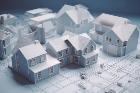 Model of house building standing on architectural plan. Technical project of new house. Drawing for construction. Created with Generative AIの素材