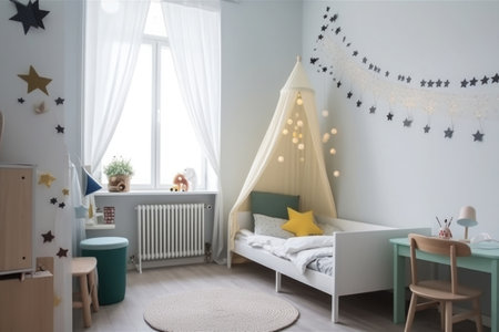 Child room in scandinavian style with natural colors and wooden furniture. Interior of cozy kids bedroom. Created with Generative AIの素材