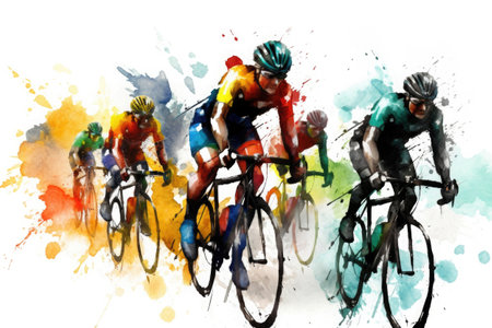 Cyclists team riding on bicycles, color drawing. Bike race banner. Active sport sticker. Created with Generative AIの素材