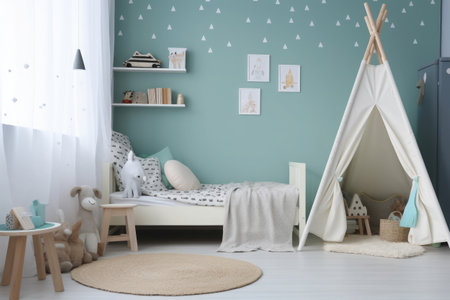 Child room in scandinavian style with natural colors and wooden furniture. Interior of cozy kids bedroom. Created with Generative AIの素材