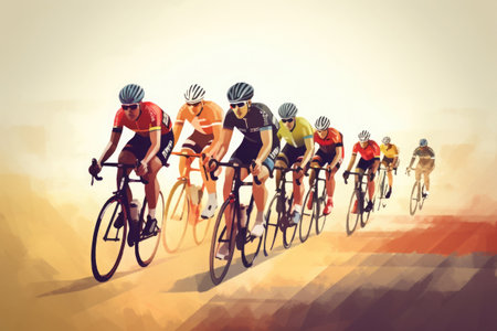 Cyclists team riding on bicycles, color drawing. Bike race banner. Active sport sticker. Created with Generative AIの素材