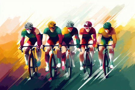 Cyclists team riding on bicycles, color drawing. Bike race banner. Active sport sticker. Created with Generative AIの素材