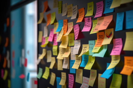 Sticky notes board in office. Many different colorful paper stickers pinned on wall. Memory notes for business planning. Created with Generative AIの素材