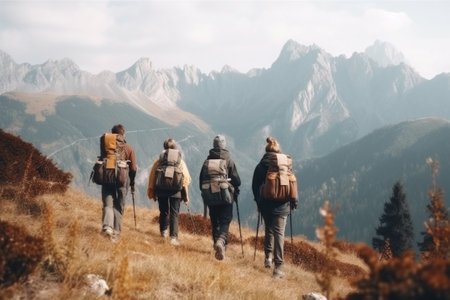 Group of tourist hiking in mountains. Travelers with backpacks in mountains. Adventures and discoveries in nature, outdoor activities. Created with Generative AIの素材