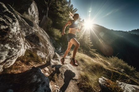 Trail running in mountains. Female trail runner athlete training outdoors. Created with Generative AIの素材