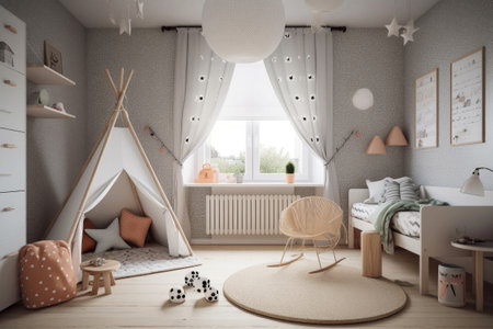 Child room in scandinavian style with natural colors and wooden furniture. Interior of cozy kids bedroom. Created with Generative AIの素材