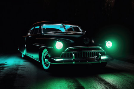 Classic retro car at night with glowing headlamps. American vintage vehicle with colorful illumination on dark background. Created with Generative AIの素材