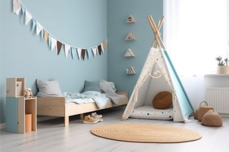 Child room in scandinavian style with natural colors and wooden furniture. Interior of cozy kids bedroom. Created with Generative AIの素材