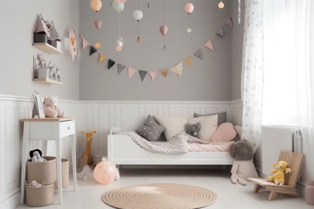 Child room in scandinavian style with natural colors and wooden furniture. Interior of cozy kids bedroom. Created with Generative AIの素材