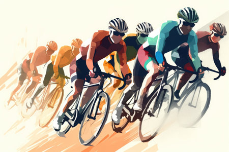 Cyclists team riding on bicycles, color drawing. Bike race banner. Active sport sticker. Created with Generative AIの素材