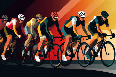Cyclists team riding on bicycles, color drawing. Bike race banner. Active sport sticker. Created with Generative AIの素材