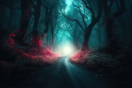 Mystical forest landscape with trees silhouettes in dark. Path in magical dreamy forest. Created with Generative AIの素材