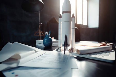 Creative idea for business development. Successful startup concept. Rocket launching at office workplace. Created with Generative AIの素材
