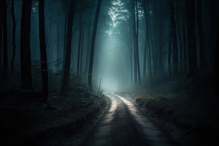 Mystical forest landscape with trees silhouettes in dark. Path in magical dreamy forest. Created with Generative AIの素材