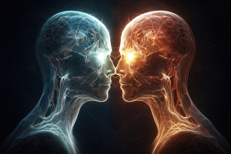 Two spiritual human bodies on dark background. Souls connection. Created with Generative AIの素材