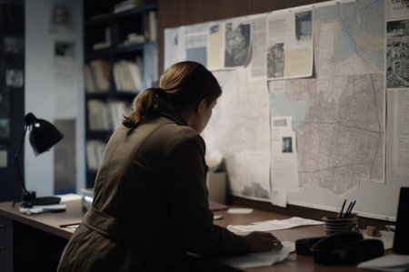 Detective standing in front of evidence board and analyzing information of crime in police office. Created with Generative AIの素材