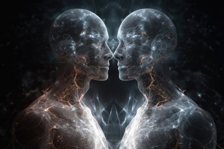 Two spiritual human bodies on dark background. Souls connection. Created with Generative AIの素材