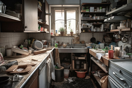 Mess in kitchen. Kitchen interior with pile of dirty dishes after dinner. Created with Generative AIの素材